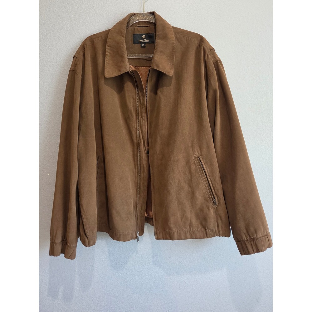 Gary Player Jacket Mens XXL Brown Faux Suede Full Zip Harrington Coat Excellent